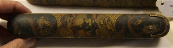 Two 19th century Persian polychrome painted papier mache qalamdan, largest 8.75in.